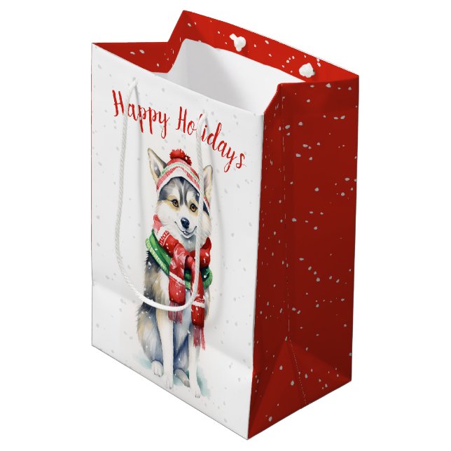 Christmas Siberian Husky In Snowflakes Medium Gift Bag (Front Angled)