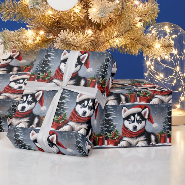 Christmas Siberian Husky Puppy Wearing Santa Hat  Wrapping Paper (Holidays)