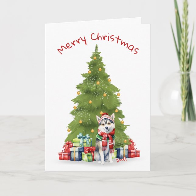 Christmas Siberian Husky With Gifts Holiday Card (Front)