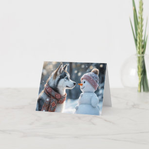 Christmas Siberian Husky With Snowman Card