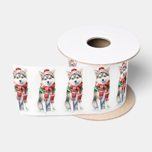 Christmas Siberian Husky With Winter Scarf Satin Ribbon