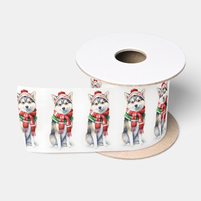 Christmas Siberian Husky With Winter Scarf Satin Ribbon (Spool)