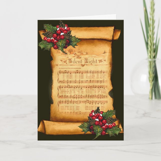 Christmas: Silent Night Sheet Music on Old Scroll Holiday Card (Front)