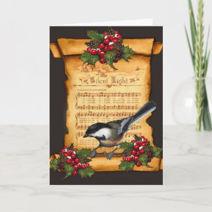 Christmas: Silent Night Sheet Music, Scroll, Bird Holiday Card