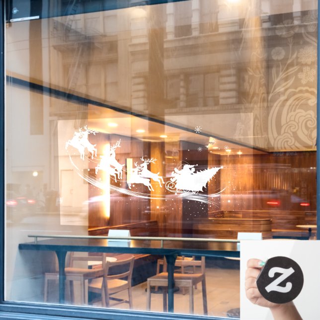 Christmas Silhouette Santa Claus Sleigh Reindeer  Window Cling (Cafe Window)