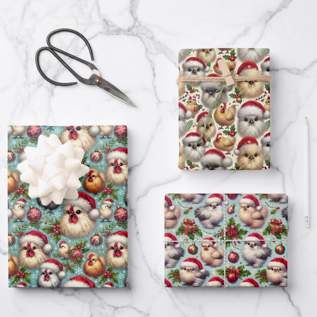 Christmas Silkie Chicken 3-Sheet Flat  Wrapping Paper Sheet (Front)
