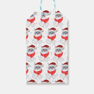 Christmas Silver And White Cat With Santa Hat Gift Tags