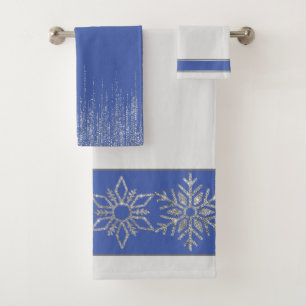 Christmas Silver Bling Snowflakes with White  Blue Bath Towel Set