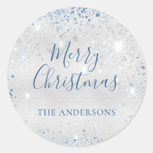 Christmas silver blue glitter monogram classic round sticker