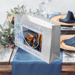 Christmas silver blue snowflakes photo large gift bag<br><div class="desc">Faux silver background. Decorated with snowflakes. Personalize and add your name(s).  Blue text.</div>