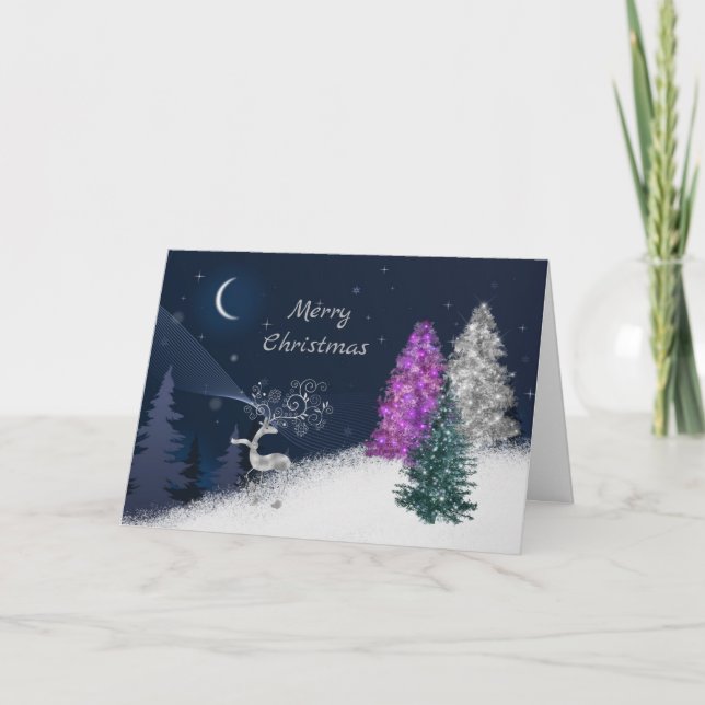 Christmas Silver Deer Pink Tree Watercolor Holiday Card (Front)