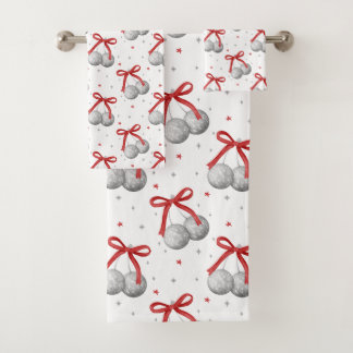 Christmas Silver Disco Ball Ornaments with Red Bow Bath Towel Set