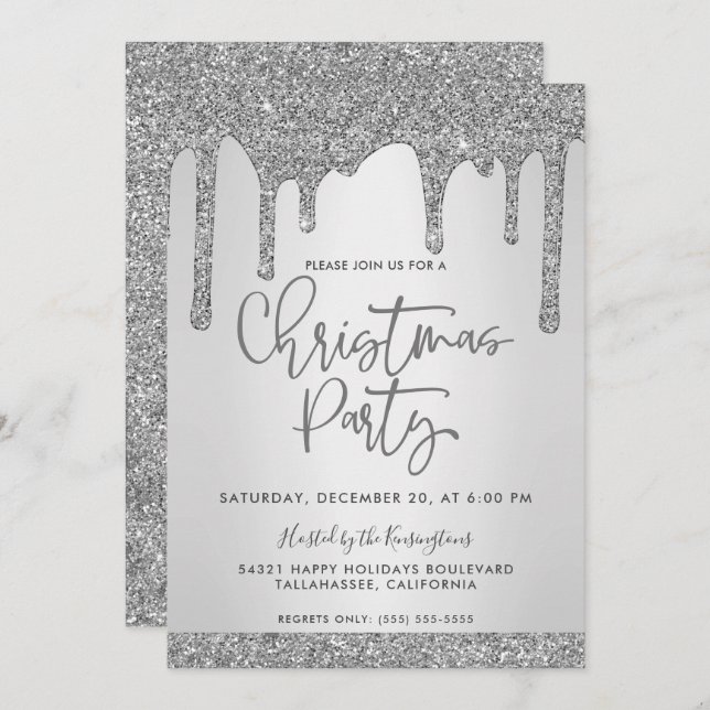 Christmas Silver Dripping Glitter Christmas Party Invitation (Front/Back)