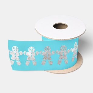 Christmas Silver Gingerbread Man Ocean Blue Satin Ribbon