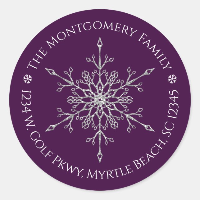 Christmas Silver Glitter Snowflake Name Address Classic Round Sticker (Front)