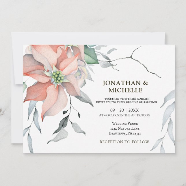 Christmas Silver Pink Poinsettia Christian Wedding Invitation (Front)