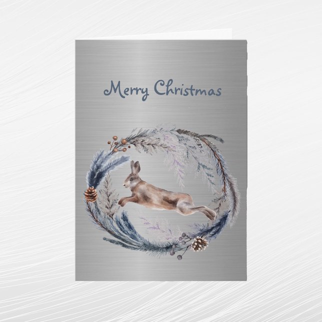 Christmas Silver Rabbit Floral Watercolor  Holiday Card (Creator Uploaded)