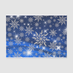 Christmas Silver Snowflakes and Stars on Blue  Tissue Paper