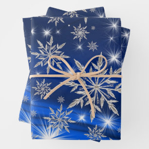 Christmas Silver Snowflakes and Stars on Blue Wrapping Paper Sheet
