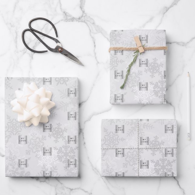 Christmas silver snowflakes business logo wrapping paper sheet (Front)