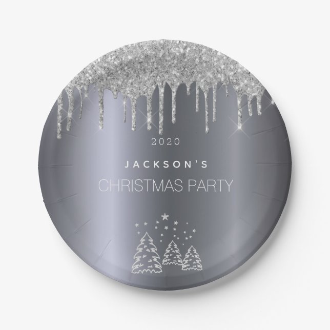 Christmas silver trees glitter drips paper plate (Front)