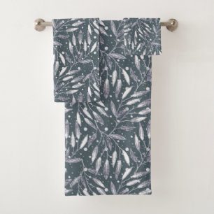 Christmas, silver twigs, white, snowflakes, winter bath towel set