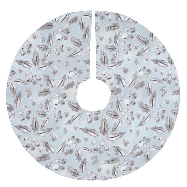 Christmas, silver twigs, white, snowflakes, winter brushed polyester tree skirt (Front)