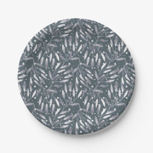 Christmas, silver twigs, white, snowflakes, winter paper plate