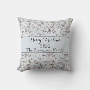 Christmas, silver twigs, white, snowflakes, winter throw pillow