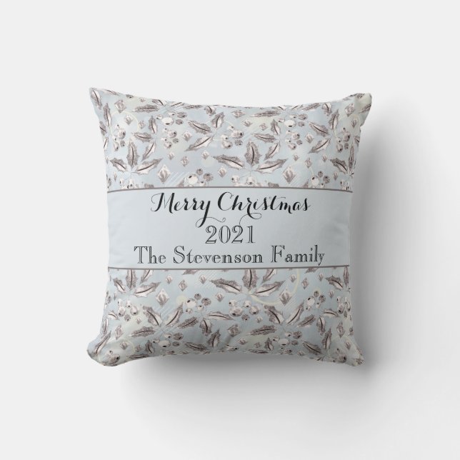 Christmas, silver twigs, white, snowflakes, winter throw pillow (Front)