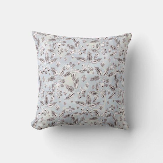 Christmas, silver twigs, white, snowflakes, winter throw pillow (Front)