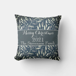 Christmas, silver twigs, white, snowflakes, winter throw pillow