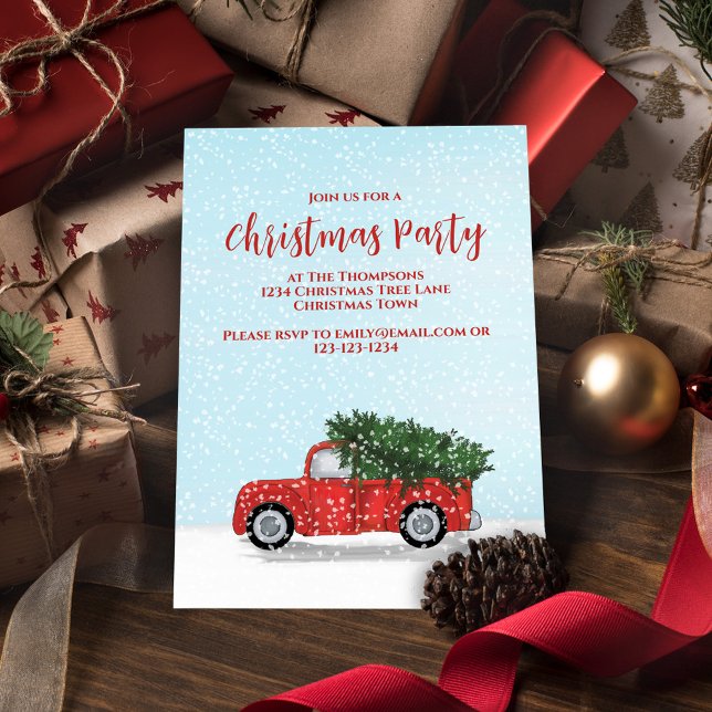 Christmas Simple Cute Winter Vintage Red Truck  Invitation (Holiday cute Christmas vintage red truck invitation with freshly falling snow. )