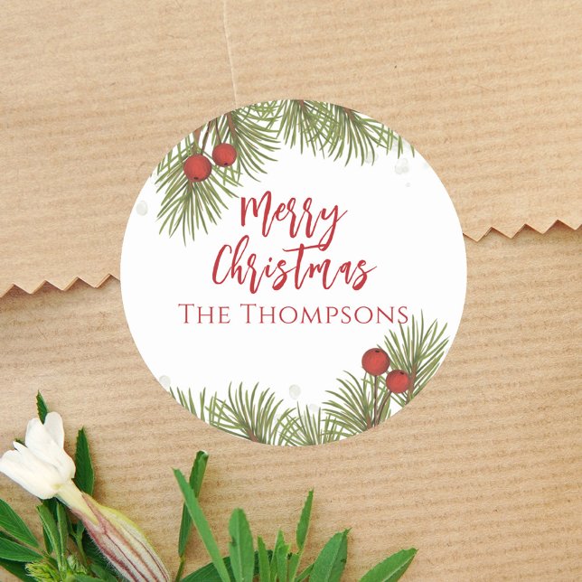 Christmas Simple Red Holly Berries Pine Leaves Classic Round Sticker (Elegant watercolor Merry Christmas holiday holly berries Sticker. )