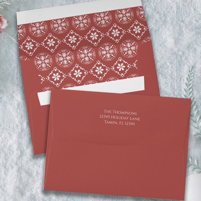 Christmas Simple White Snowflake Pattern Red Rust  Envelope (Snowflake pattern rust red envelope.)