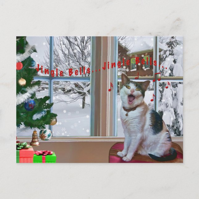 Christmas, Singing Cat, Snow, Postcard (Front)