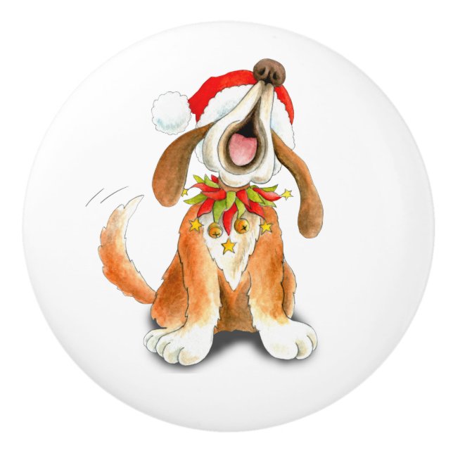 Christmas singing dog art doorknob ceramic knob (Front)