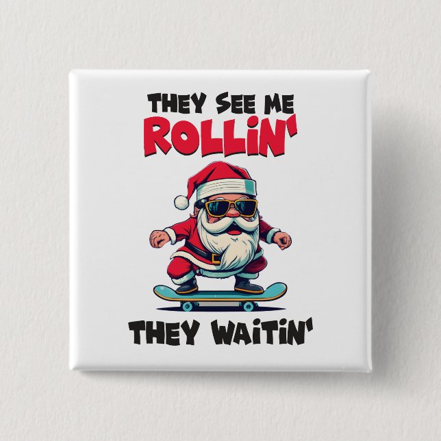 Christmas Skateboarding Santa 2 Inch Square Button (Front)