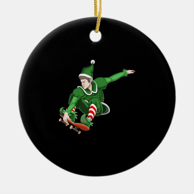 Christmas Skater Elf Ceramic Ornament (Front)