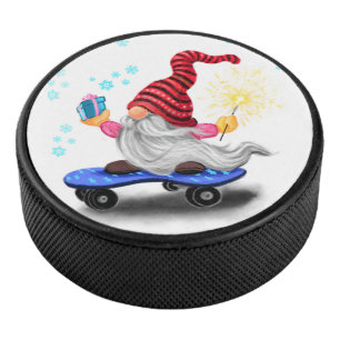 Christmas Skater Gnome with Gift Hockey Puck