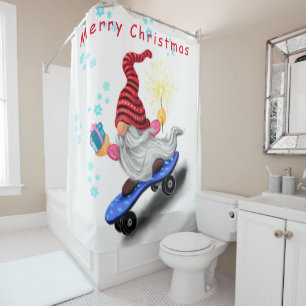 Christmas Skater Gnome with Gift Shower Curtain