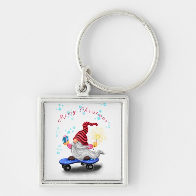 Christmas Skater Gnome with Gifts Keychain (Front)
