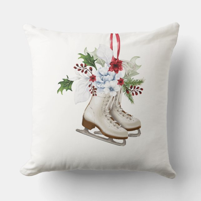 Christmas skating shoes with flowers and leaves throw pillow (Front)
