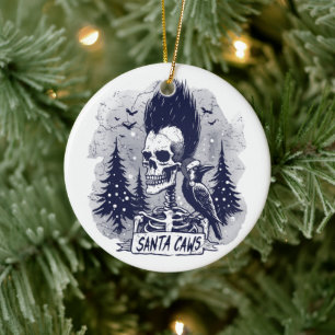 Christmas Skeleton and Raven Santa Caws Ceramic Ornament