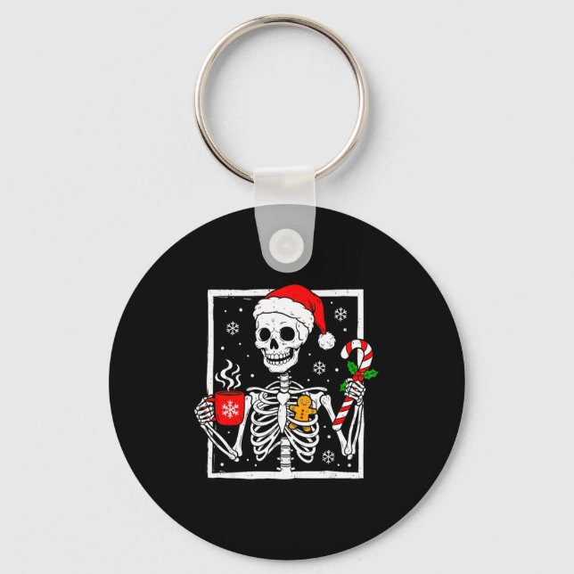 Christmas Skeleton Hat Santa Coffee Candy Cane Xma Keychain (Front)