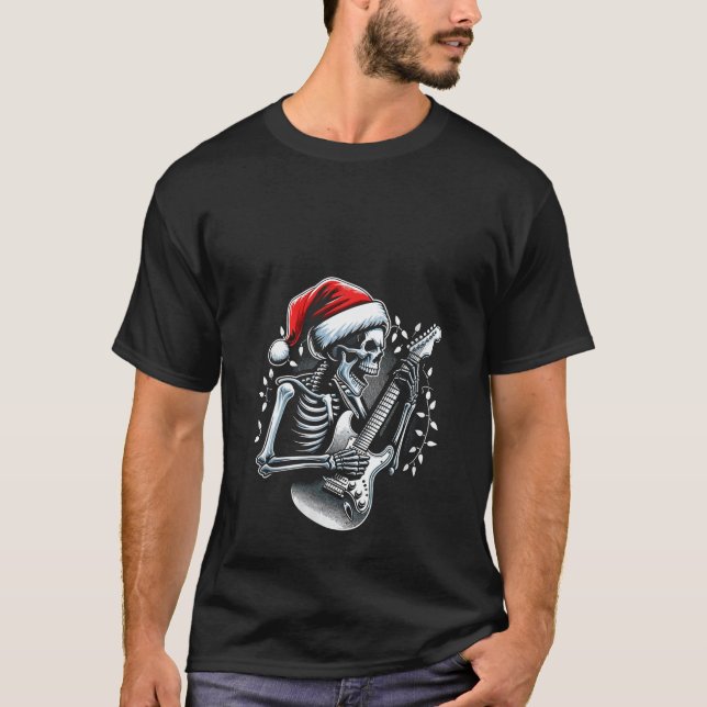 Christmas Skeleton Playing Guitar Rock And Roll Sa T-Shirt (Front)