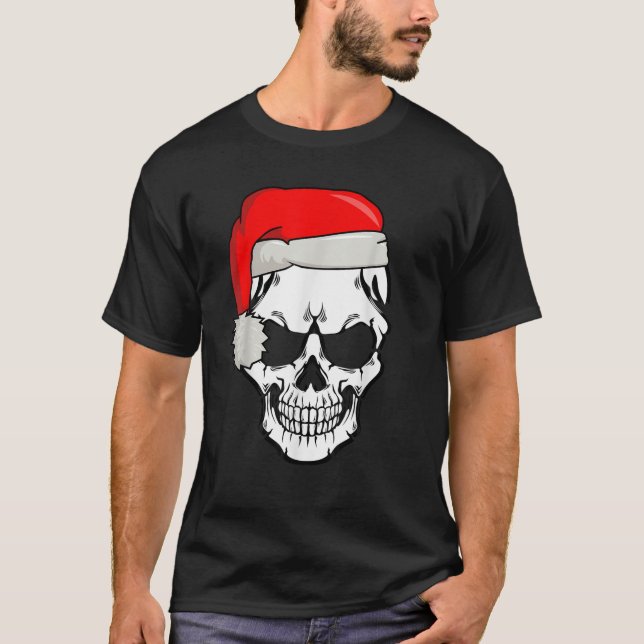 Christmas Skeleton Skull with Christmas Cap T-Shirt (Front)