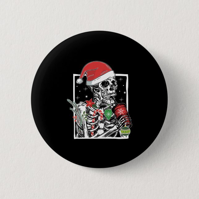Christmas Skeleton Smiling Skull Drinking Coffee S 2 Inch Round Button (Front)