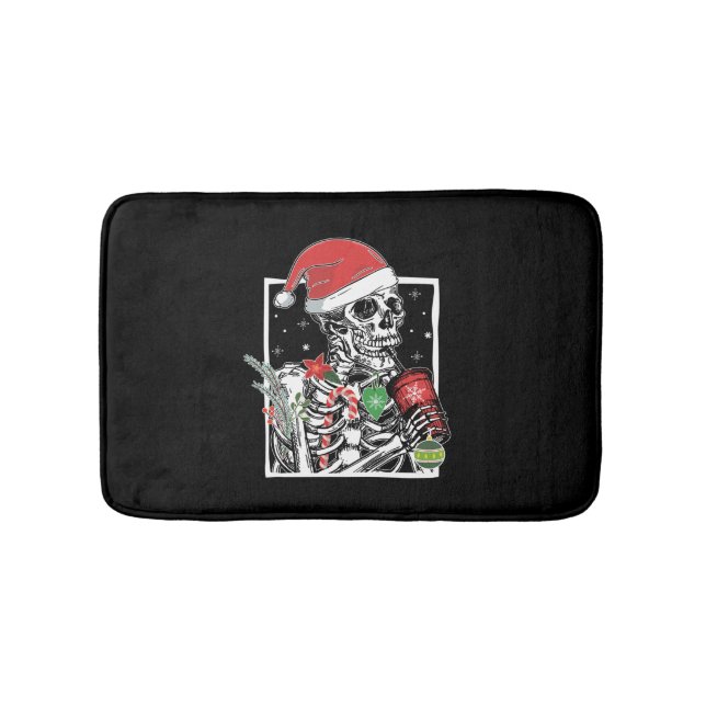 Christmas Skeleton Smiling Skull Drinking Coffee S Bath Mat (Front)
