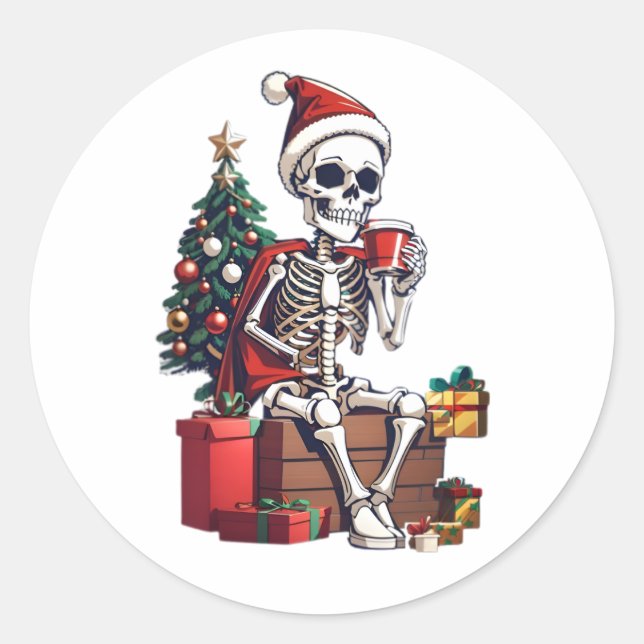 Christmas Skeleton Wearing Santa Outfit Classic Round Sticker (Front)
